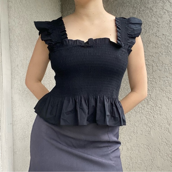 Hill House Black smocked ruffle cropped blouse - Picture 4 of 5
